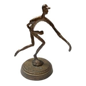 Baseball Player Sculpture Pitcher Hammered Metal Base Bronze Tone Unique